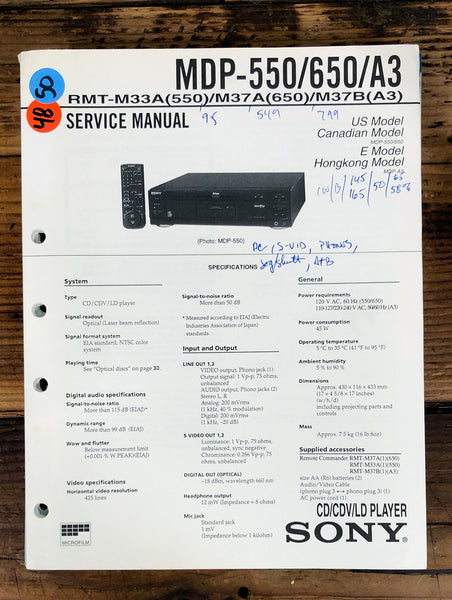 Sony MDP-550 MDP-650 MDP-A3 CD CDV LD Player  Service Manual *Original*
