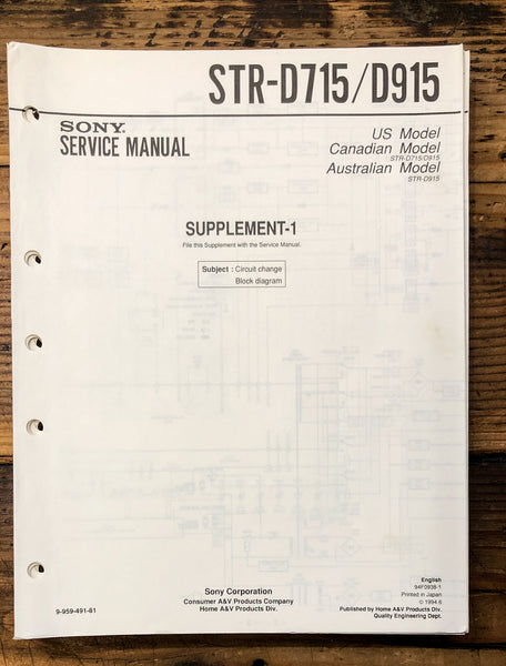 Sony STR-D715 STR-D915 Receiver Supp. Service Manual *Original*