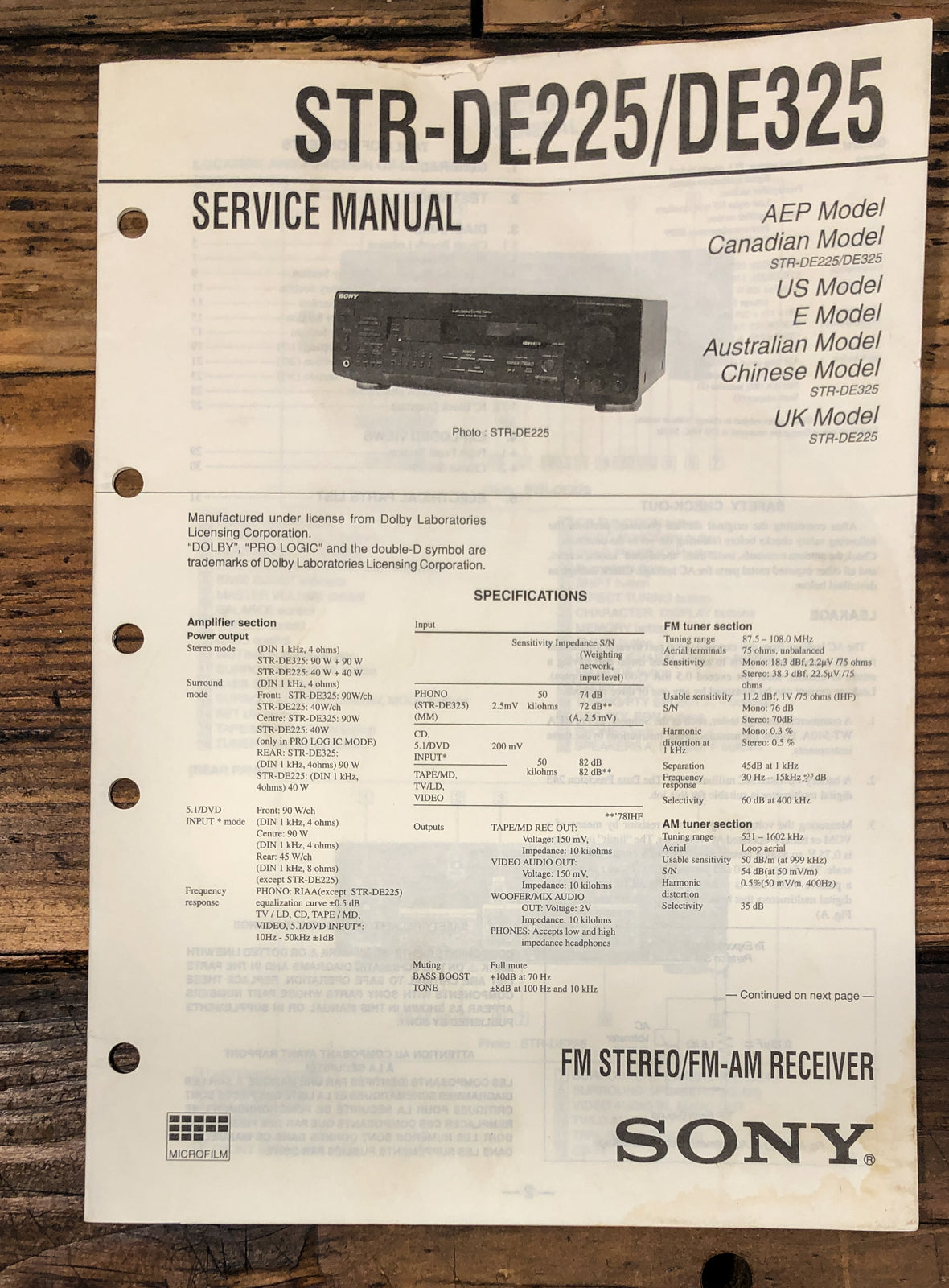 Sony STR-DE225 STR-DE325 Receiver Service Manual *Original*