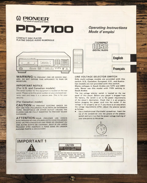 Pioneer PD-7100 CD Player Owners / User Manual *Original*