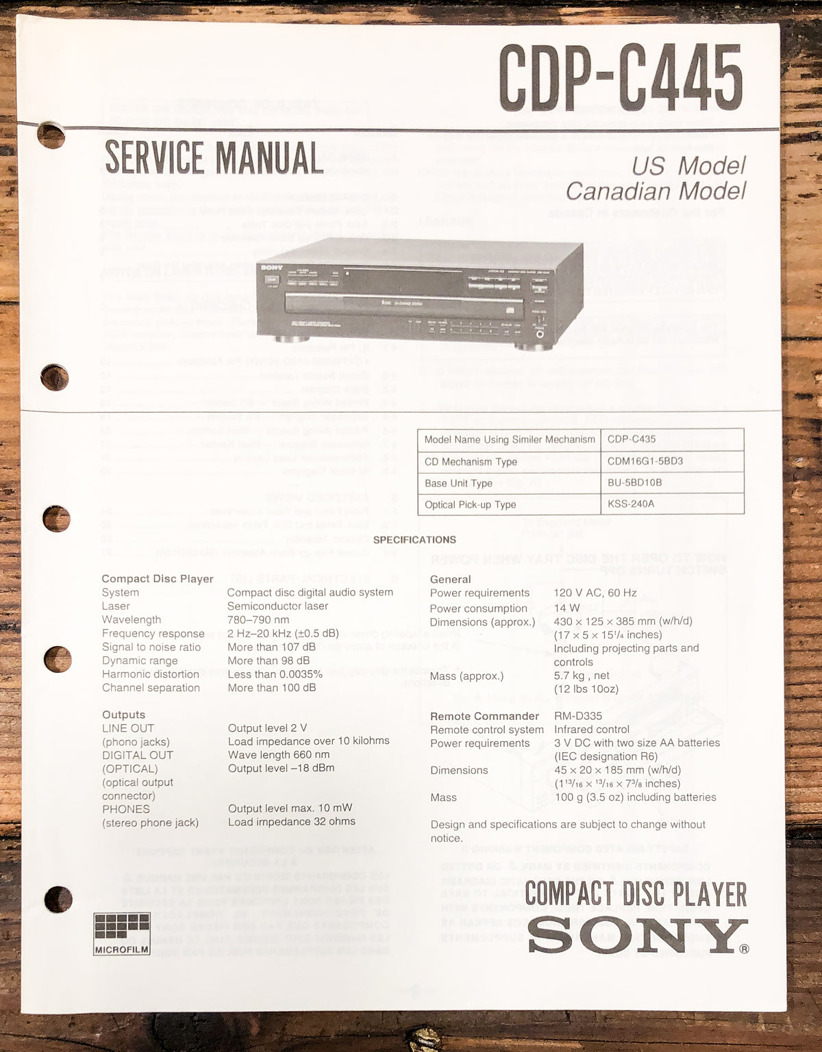 Sony CDP-C445 CD Player Service Manual *Original*