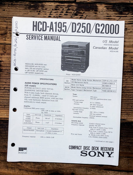 Sony HCD-A195 HCD-D250 HCD-G2000 Stereo  Service Manual *Original*