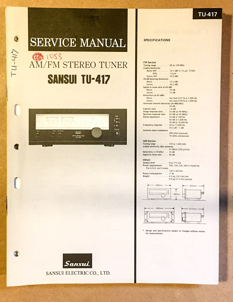 Sansui TU-417 Tuner Service Manual *Original*