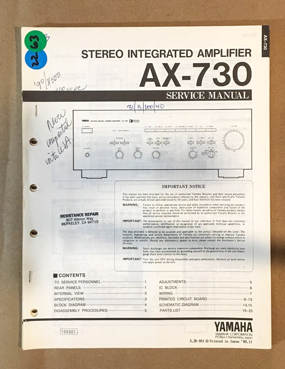 Yamaha AX-730 Amplifier  Service Manual *Original*