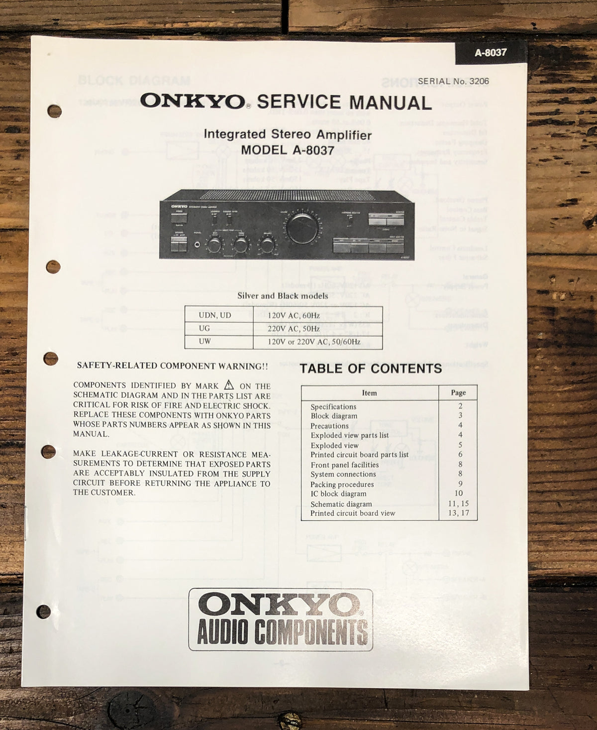 Onkyo A-8037 Amplifier Service Manual *Original*