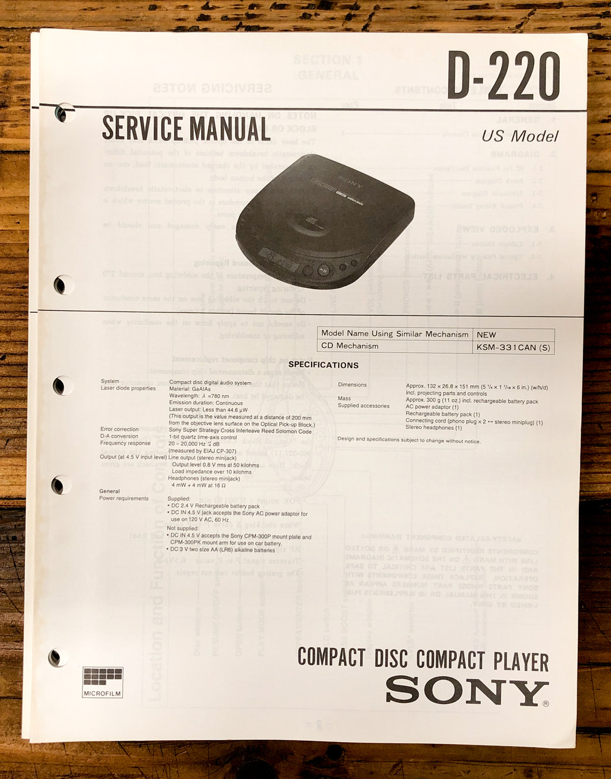 Sony D-220 CD Player / Discman  Service Manual *Original*