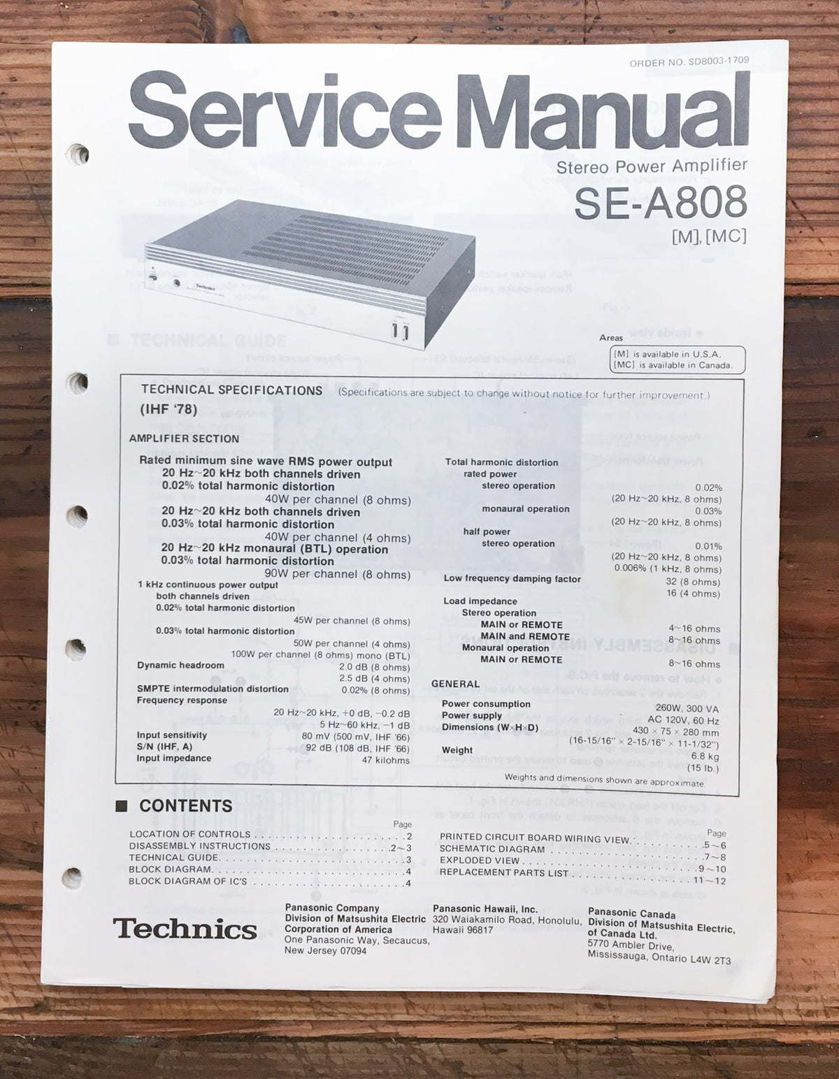 Technics SE-A808 Amplifier  Service Manual *Original*
