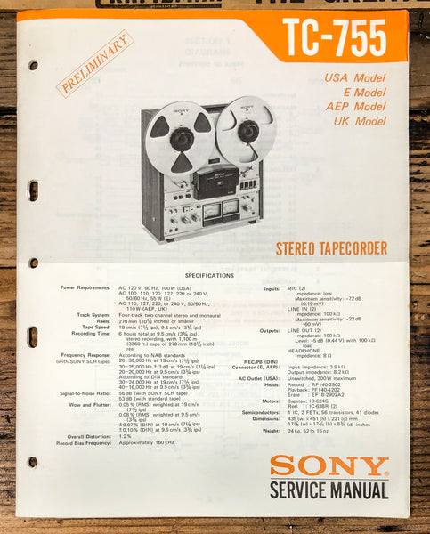 Sony TC-755 Reel to Reel Prelim. Service Manual *Original*