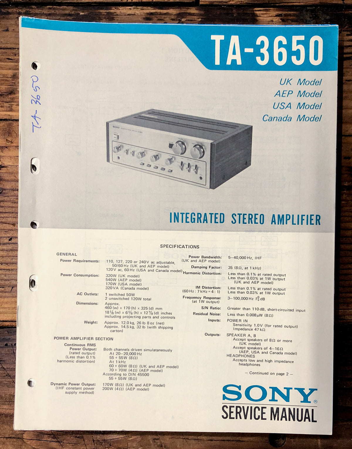 Sony TA-3650 Amplifier Service Manual *Original*