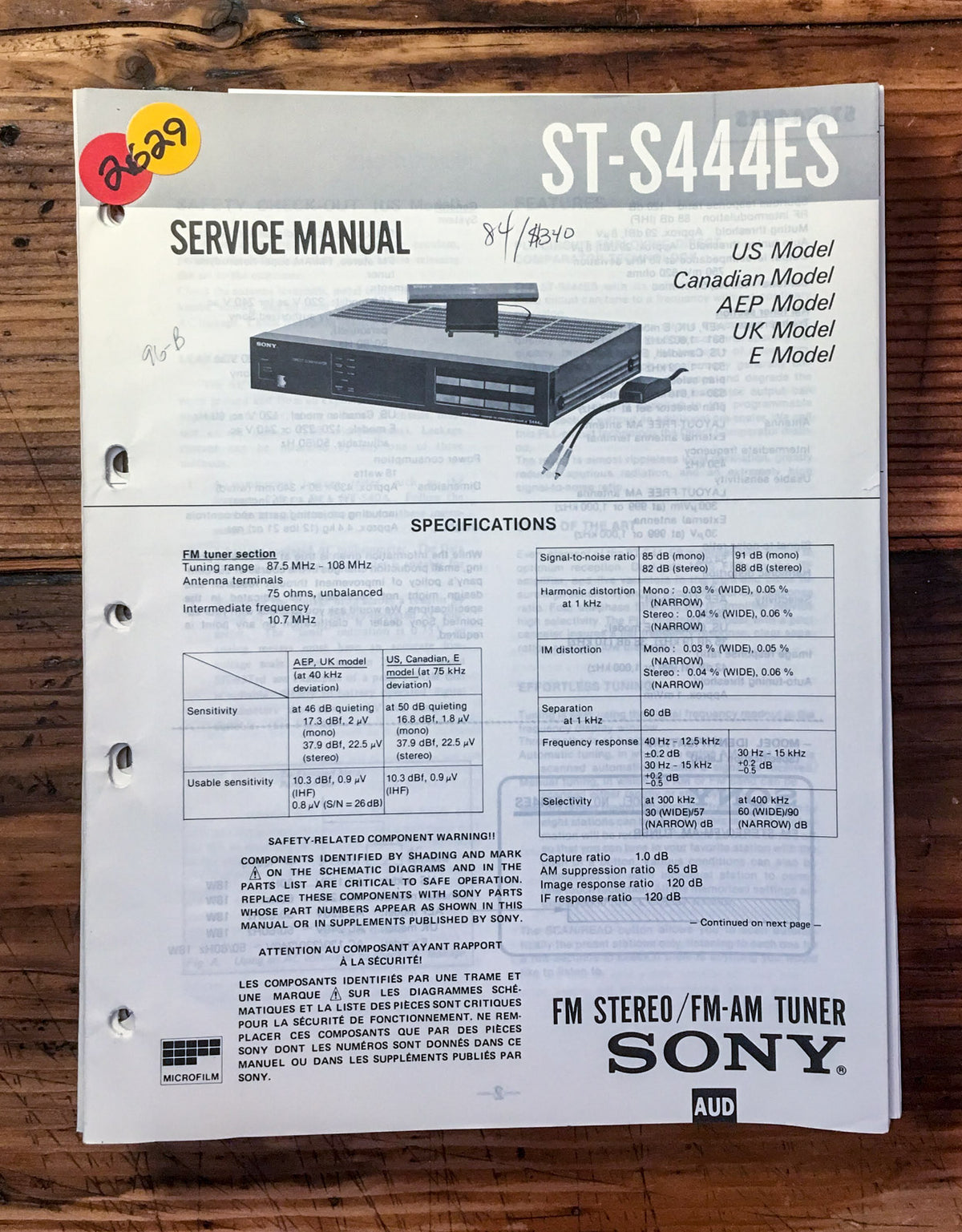 Sony ST-S444ES Tuner  Service Manual *Original*