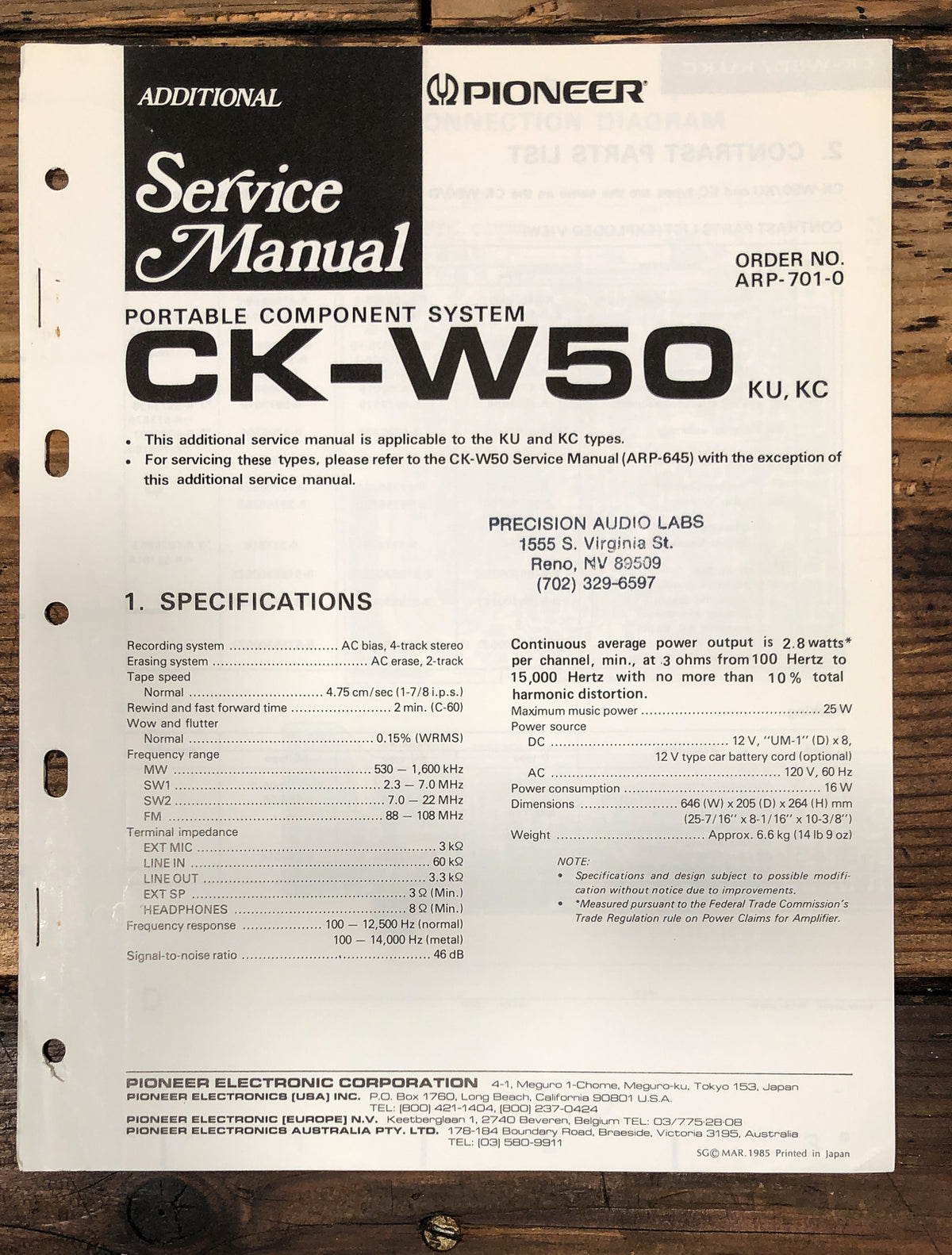 Pioneer CK-W50 Stereo Add.Service Manual *Original*