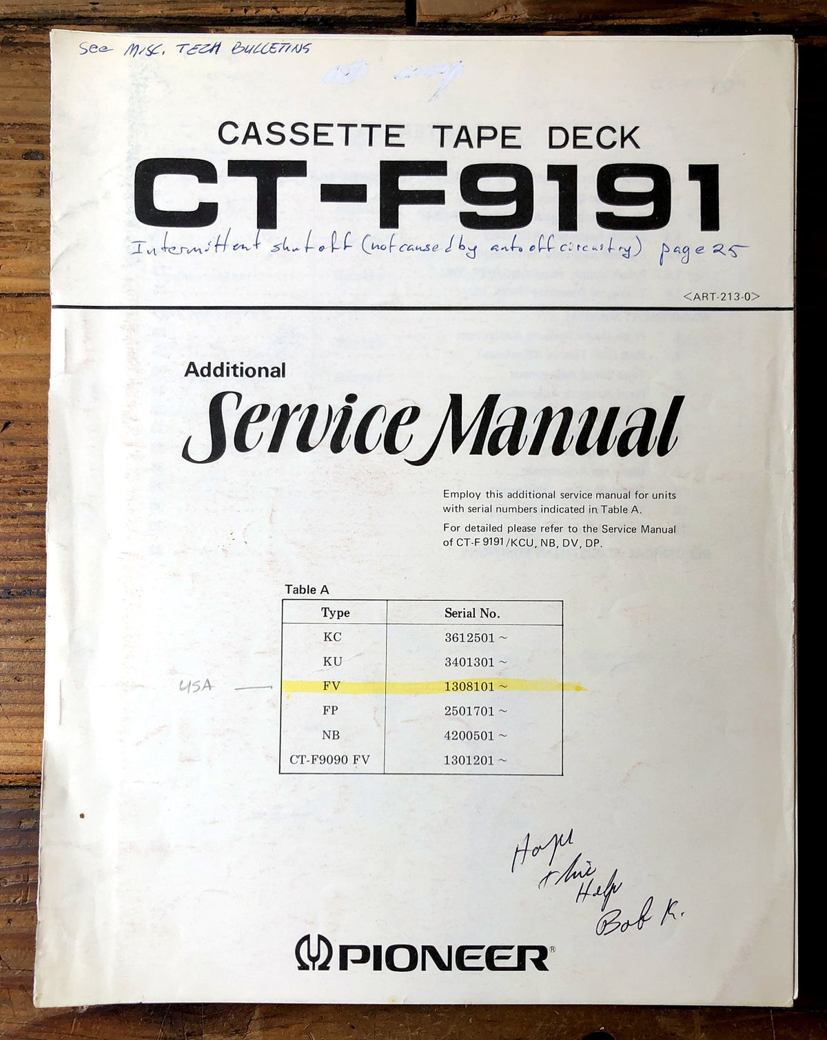 Pioneer CT-F9191 Cassette Deck Supp. Service Manual *Original*