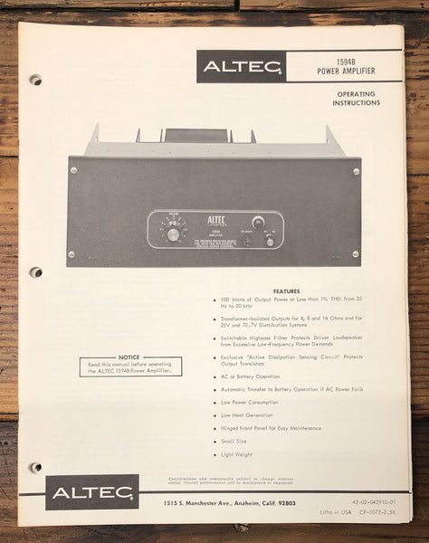 Altec Model 1594B Amplifier  Owners & Schematic Manual *ORIGINAL* #2