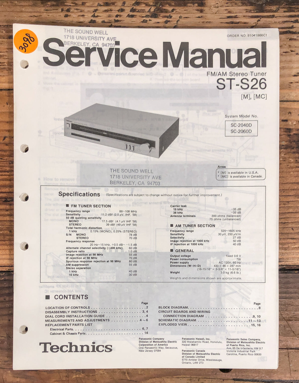 Technics ST-S26 Tuner  Service Manual *Original*