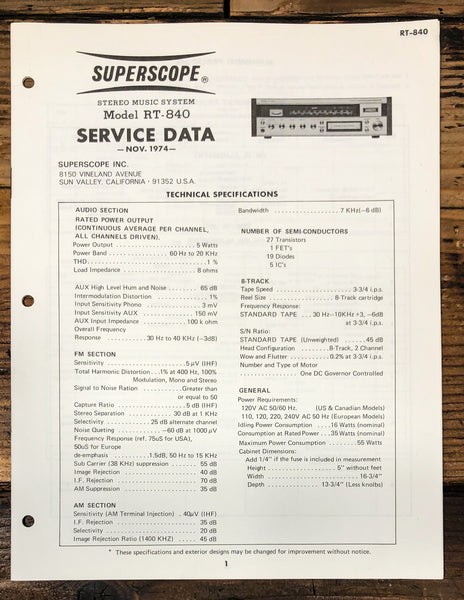 Superscope RT-840 Stereo Service Manual *Original*