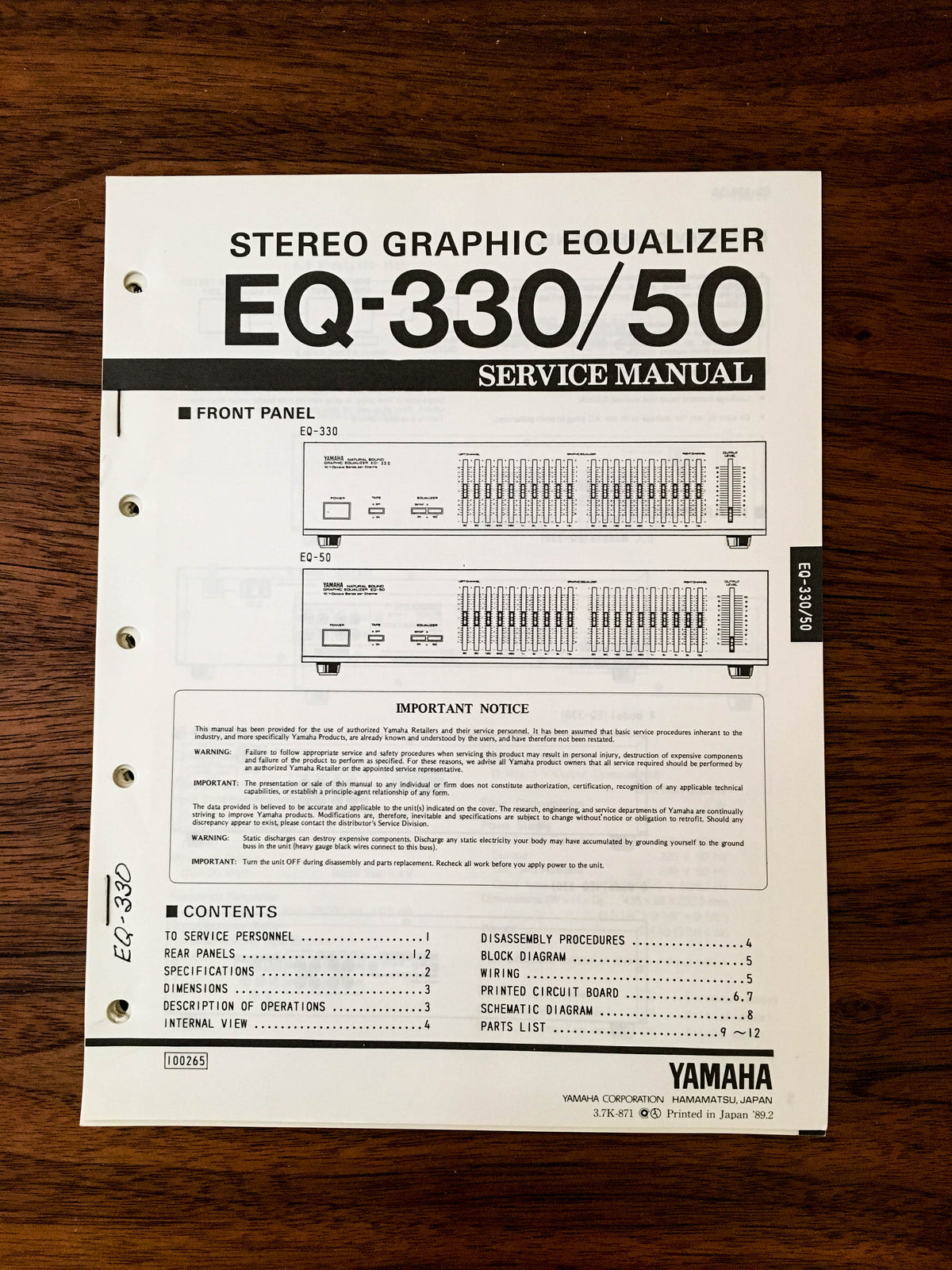 Yamaha EQ-330 EQ-50 EQUALIZER Service Manual *Original*