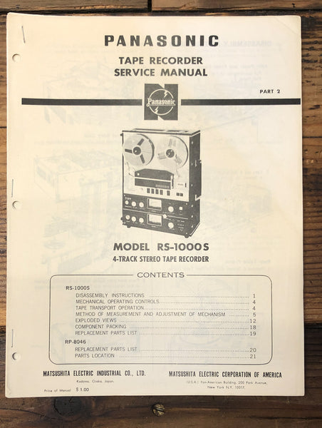 Panasonic RS-1000S Reel to Reel  Service Manual *Original*