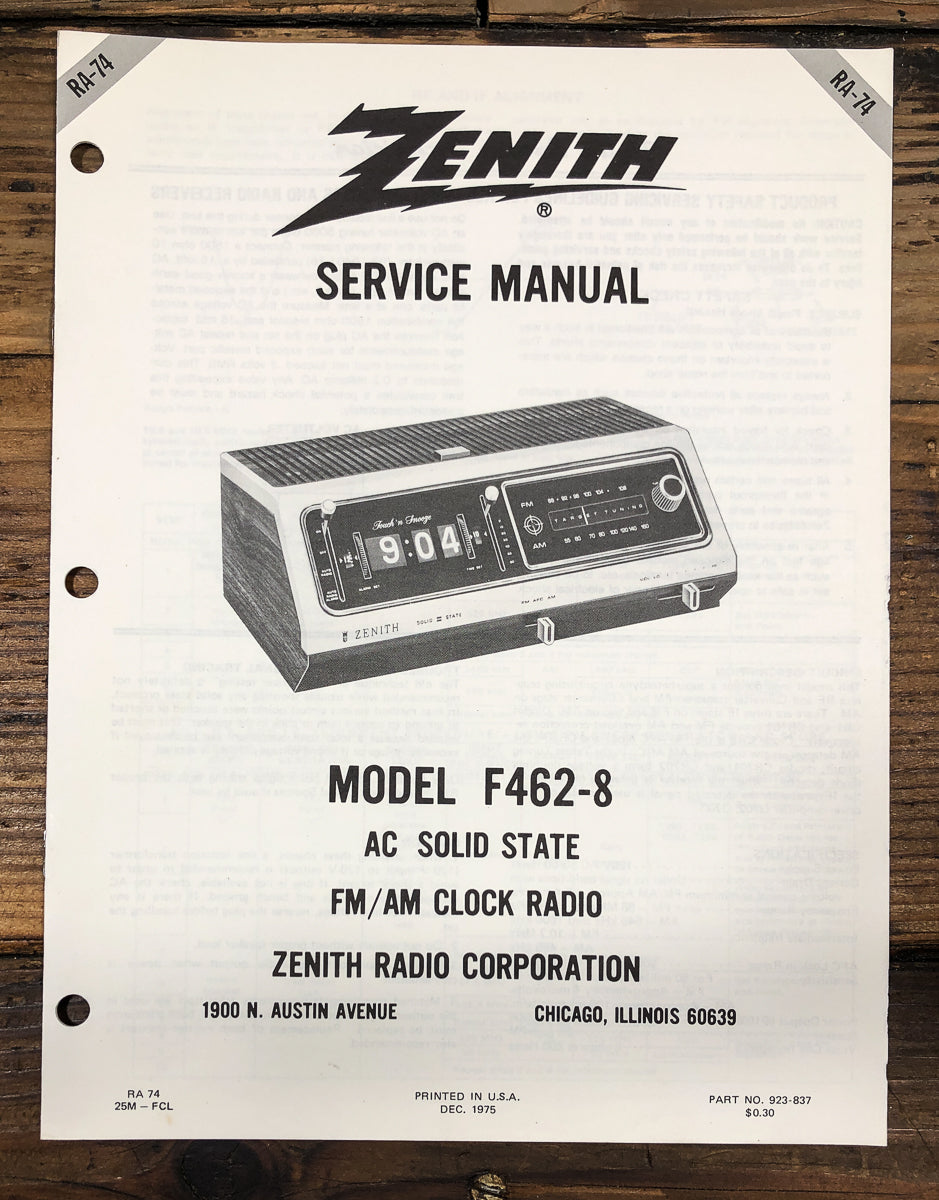 Zenith Model F462-8 Clock Radio Service Manual *Original*