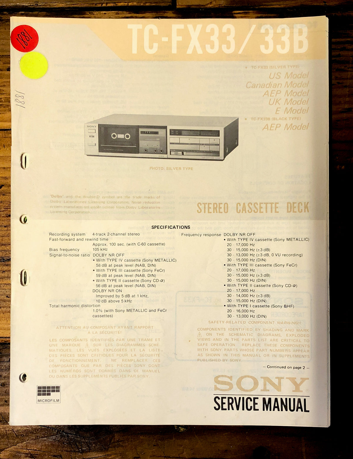Sony TC-FX33 TC-FX33B Cassette  Service Manual *Original*