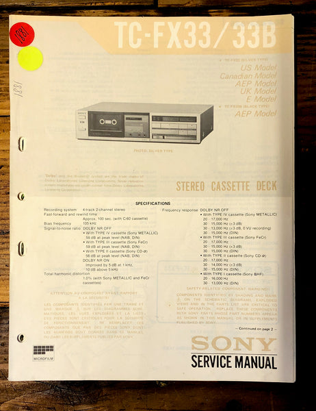 Sony TC-FX33 TC-FX33B Cassette  Service Manual *Original*