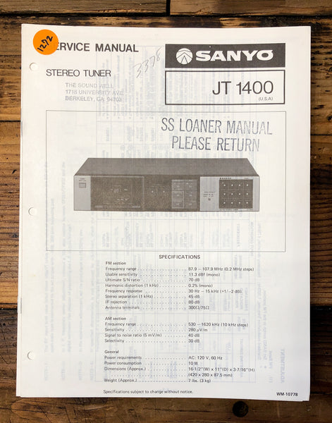 Sanyo JT1400 JT-1400 Tuner  Service Manual *Original*