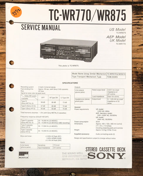 Sony TC-WR770 TC-WR875 Cassette Service Manual *Original*