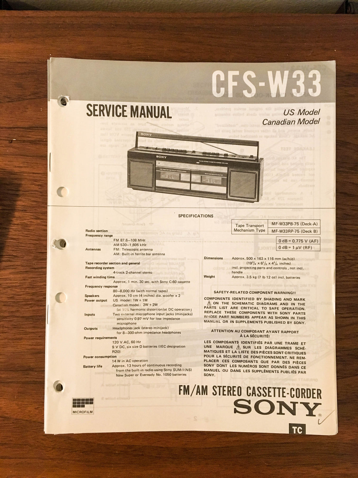 Sony CFS-W33 RADIO CASSETTE Service Manual *Original*