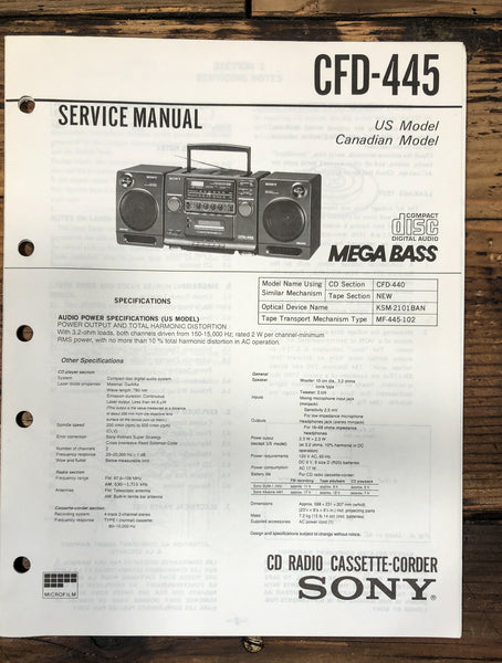 Sony CFD-445 Radio Service Manual *Original*