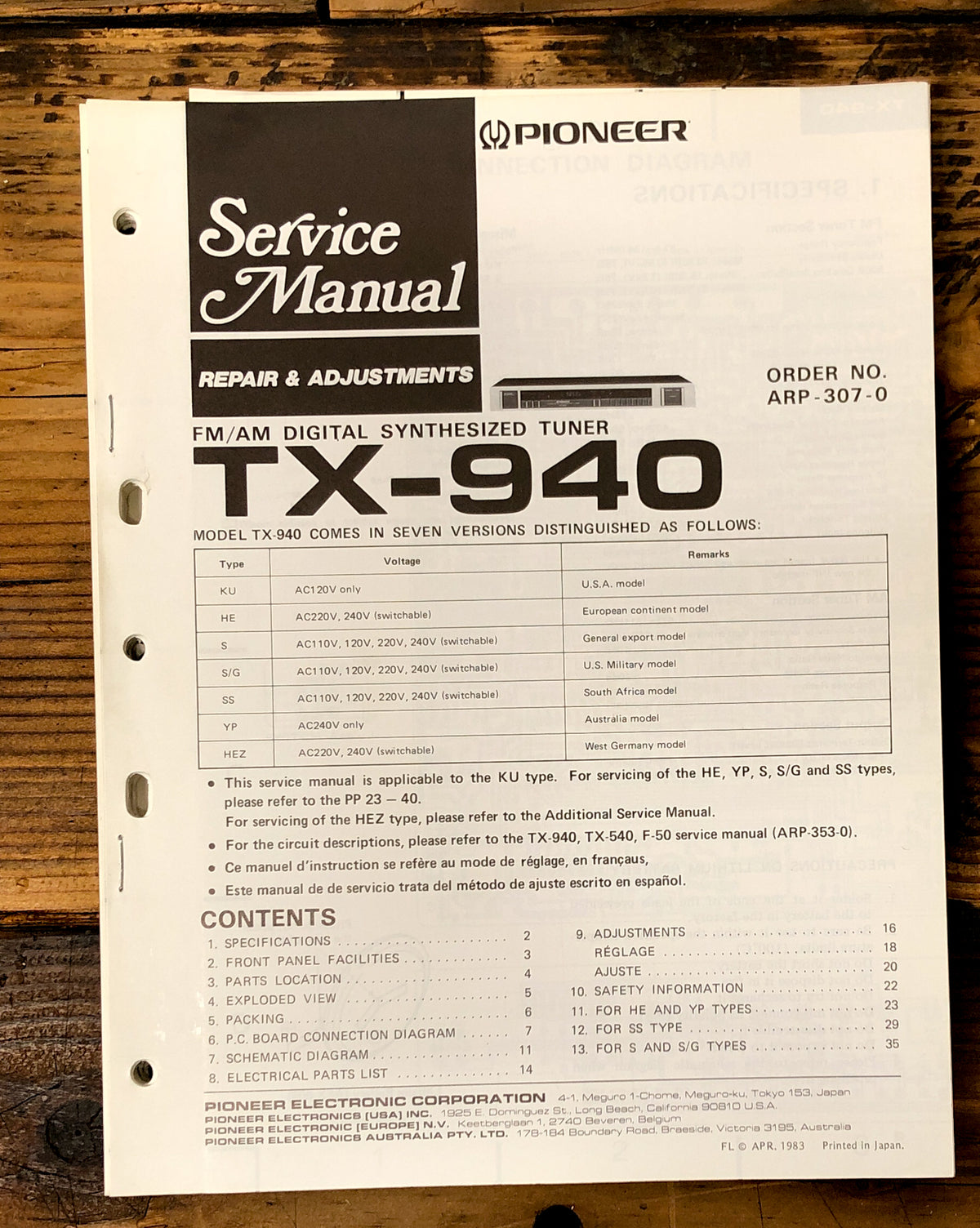 Pioneer TX-940 Tuner Service Manual *Original*