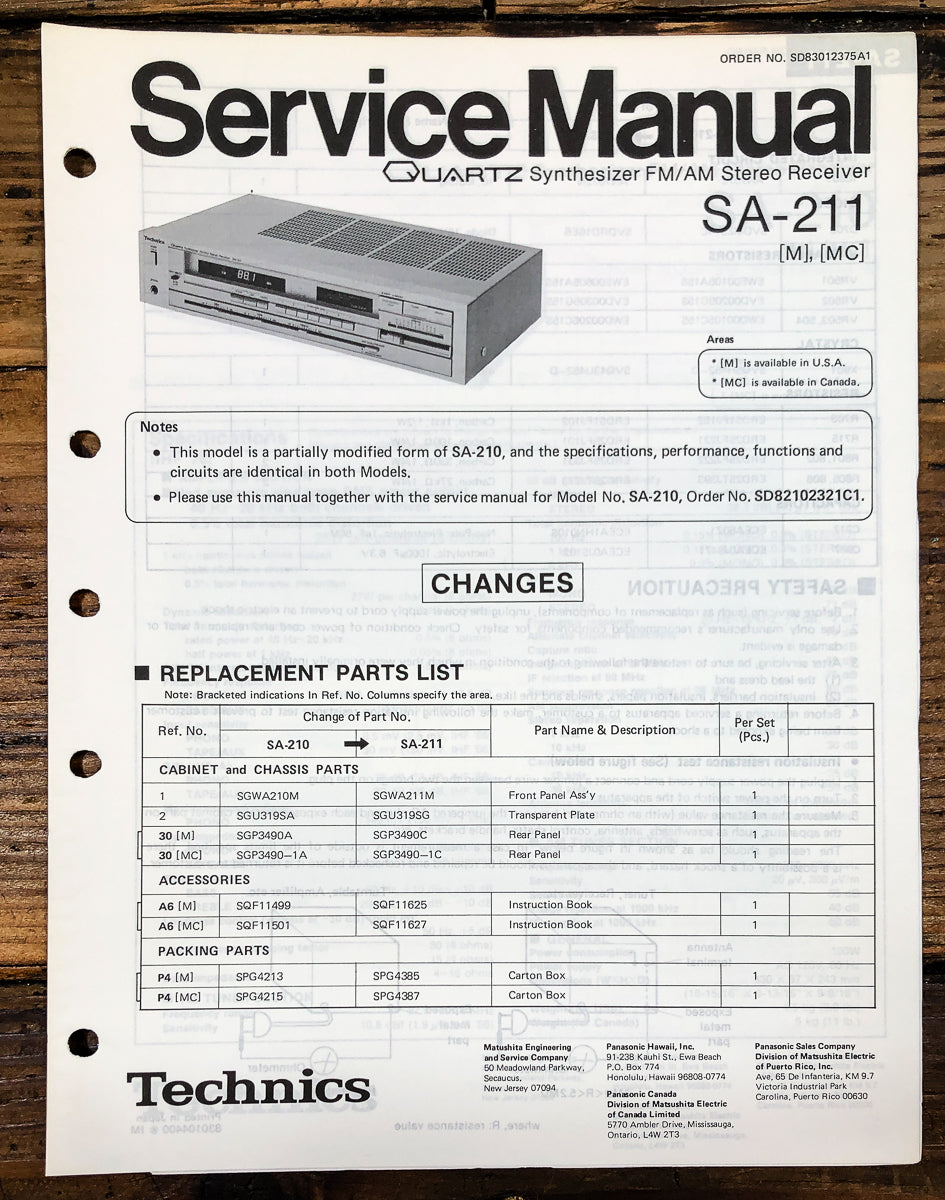 Technics SA-211 Receiver Service Manual *Original*