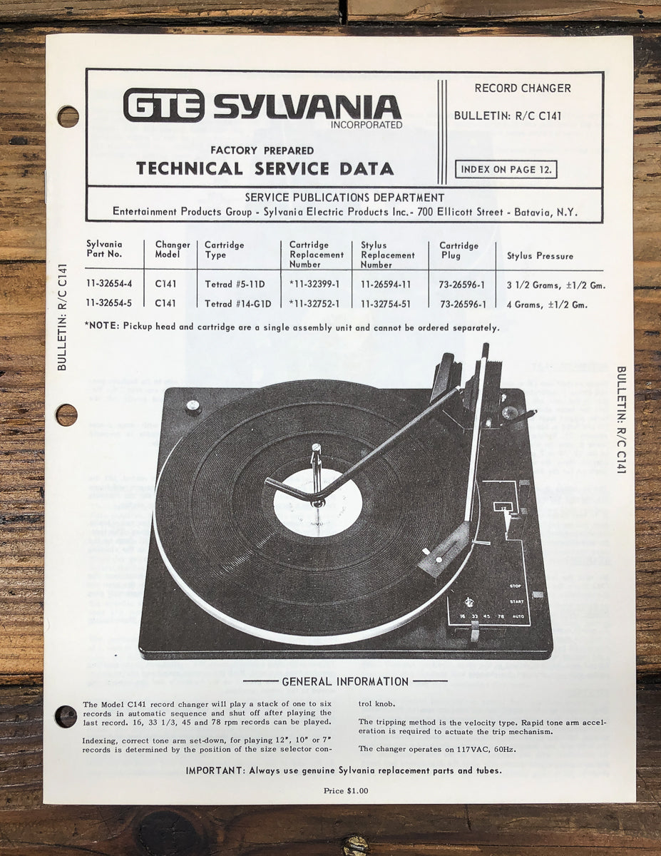 Sylvania / BSR  R/C Model C141 C-141 Record Changer Service Manual *Original*