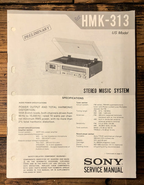 Sony HMK-313 Stereo Prelim. Service Manual *Original*