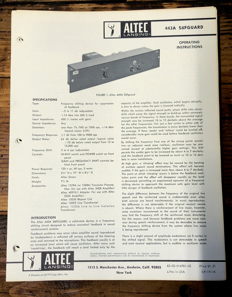 Altec Model 443A Safguard  Owners Manual & Schematic *Orig*