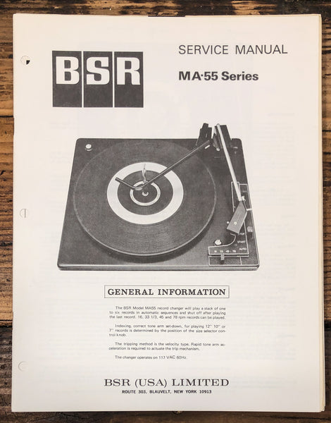 BSR MA-55 MA55 Series Record Player / Turntable  Service Manual *Original*