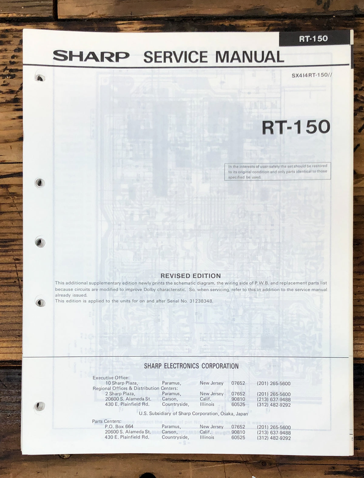 Sharp RT-150 Revised Cassette Service Manual *Original*