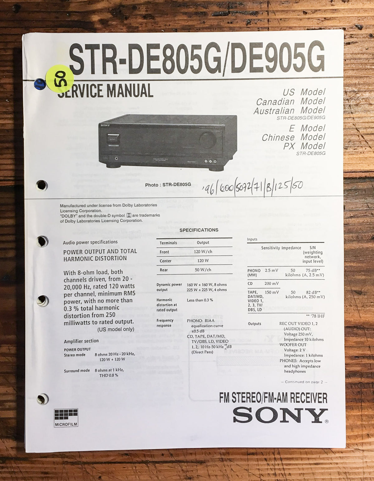 Sony STR-DE805G STR-DE905G Receiver  Service Manual *Original*