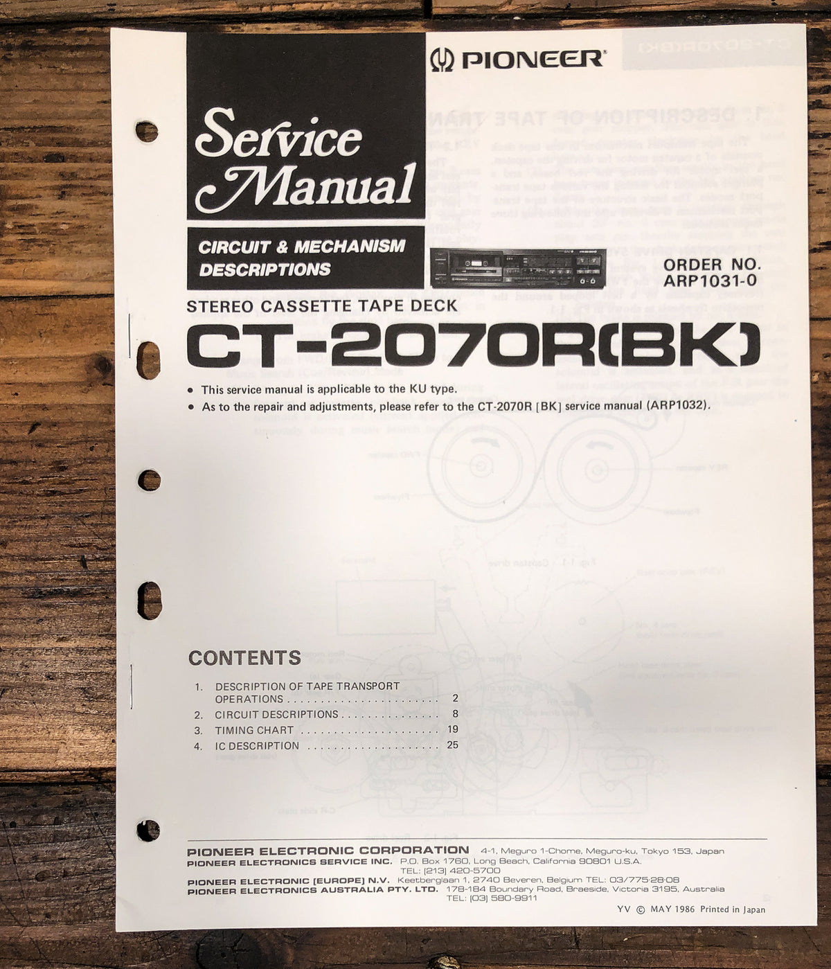 Pioneer CT-2070R Cassette Service Manual *Original* #2