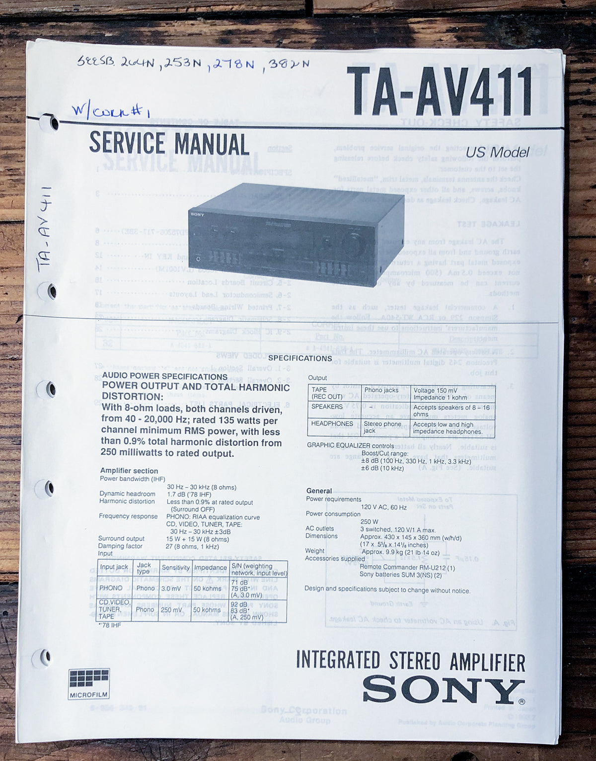Sony TA-AV411 Amplifier  Service Manual *Original*