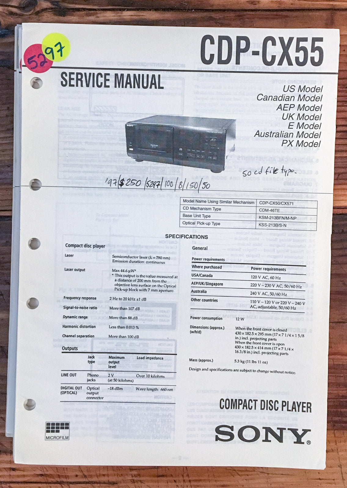 Sony CDP-CX55 CD Player  Service Manual *Original*