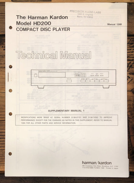 Harman Kardon HD200 HD-200 CD Player  Service Manual *Original* #2