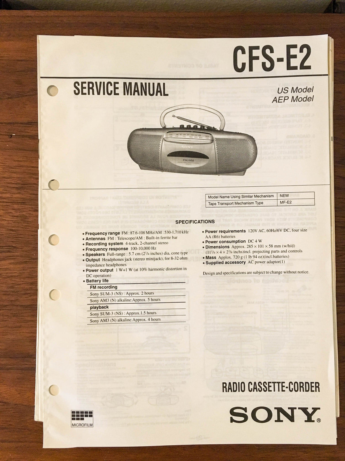Sony CFS-E2 RADIO CASSETTE Service Manual *Original*