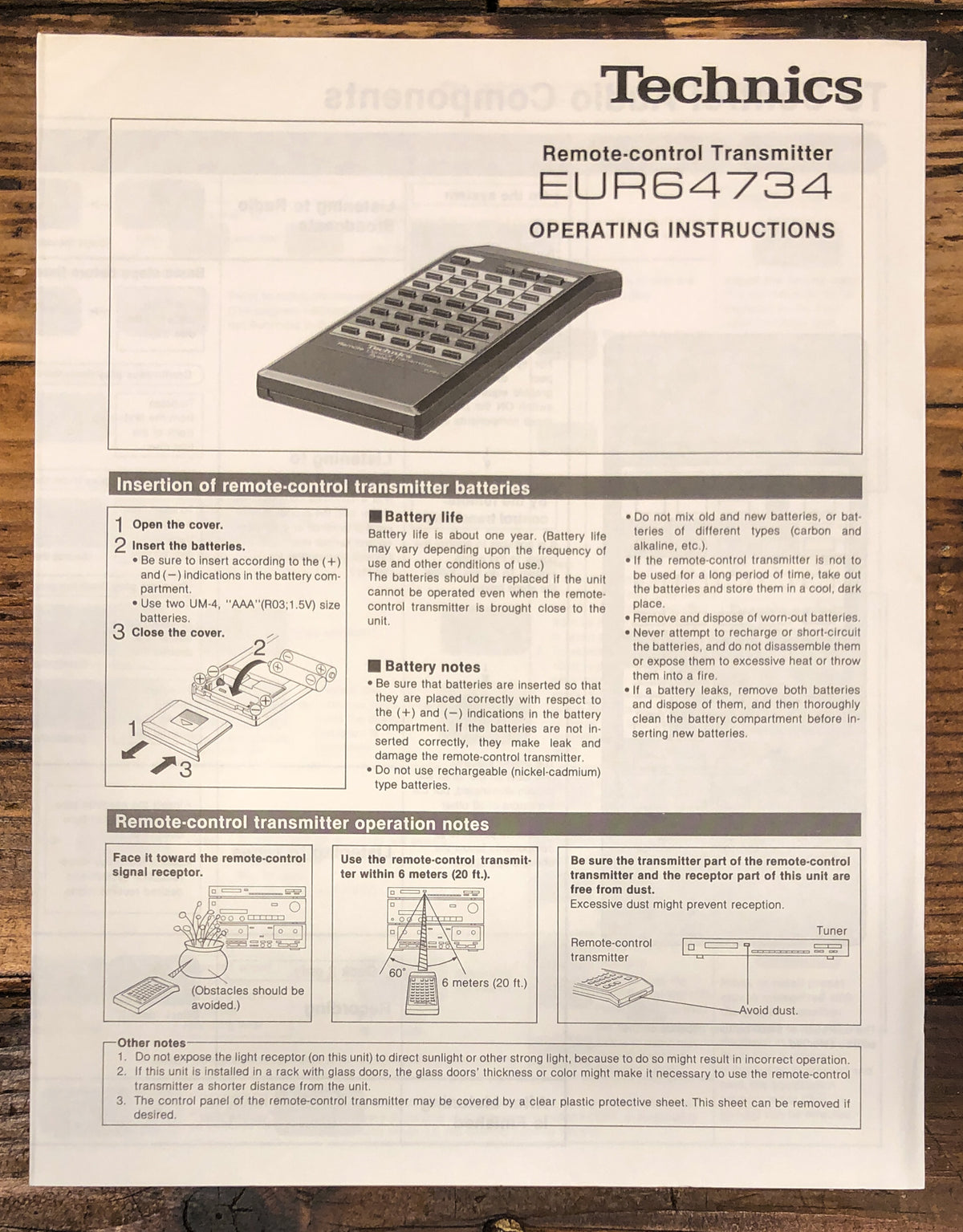Technics EUR64734 Remote Control  Owners / User Manual *Original*