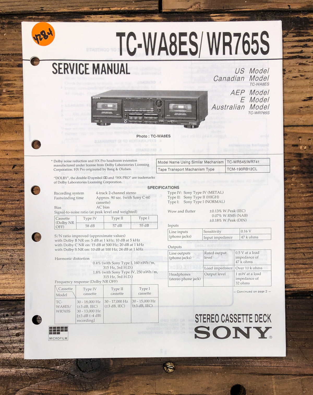 Sony TC-WA8ES TC-WR765S Cassette Service Manual *Original*