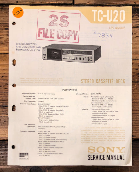 Sony TC-U20 Cassette Service Manual *Original*
