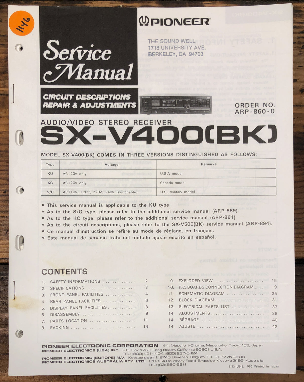 Pioneer SX-V400 Receiver  Service Manual *Original*