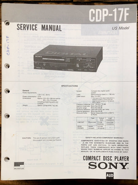 Sony CDP-17F CD Player  Service Manual *Original*