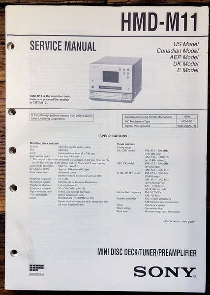 Sony HMD-M11 MiniDisc  Service Manual *Original*