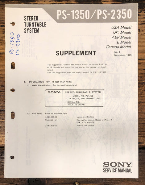 Sony PS-1350 PS-2350 Record Player / Turntable Supp. Service Manual *Original*