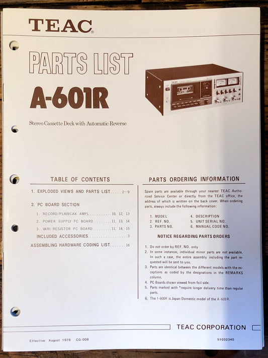 Teac A-601R Cassette Parts List Manual  *Original*