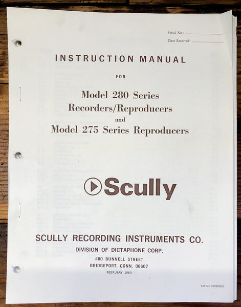 Scully Model 275 & 280 Series Recorder / Reproducer Owner & Service *Orig*